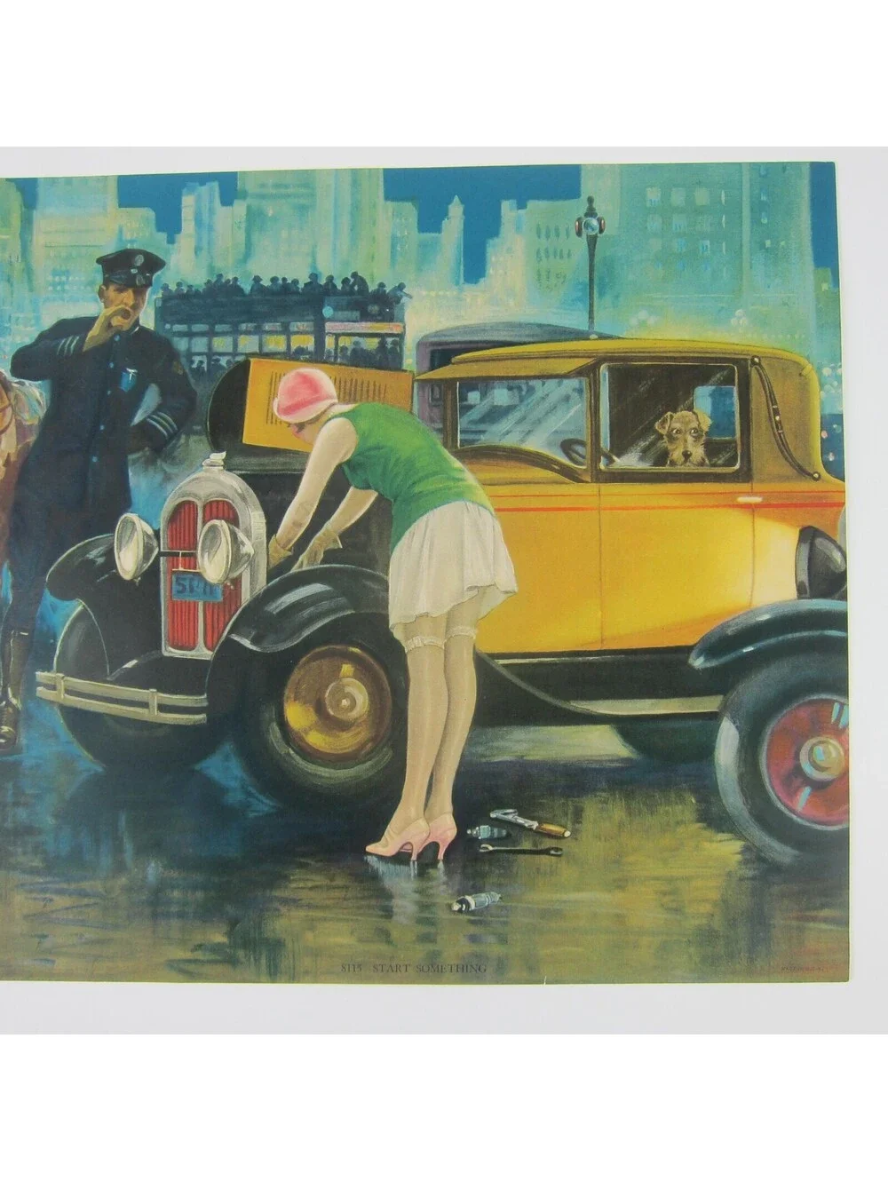 1920s Art Print Flapper Girl Fixes Antique Yellow Car Dog Police Man Horse City